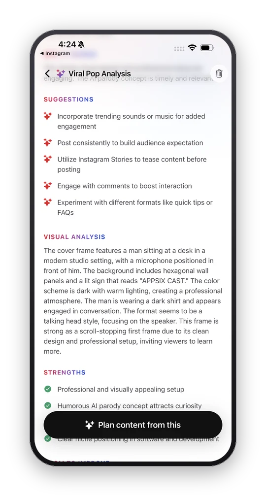 The suggestions and visual analysis sections, listing specific changes and what the cover frame is doing.
