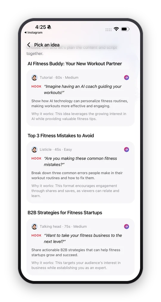 A list of generated content ideas, each with a format, a target length, a hook line in quotes, and a paragraph on why it works.