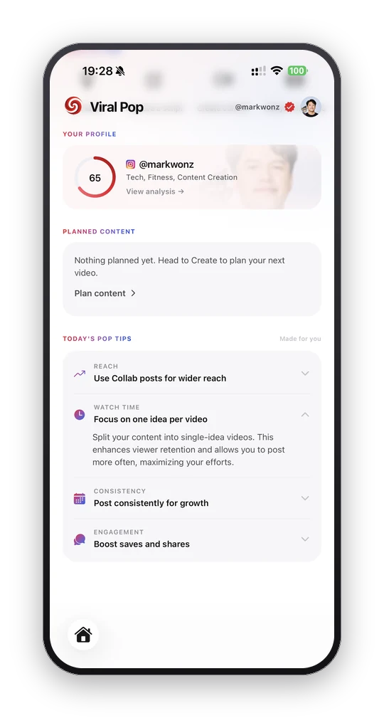 The home screen's daily tips, grouped by reach, watch time, consistency and engagement.